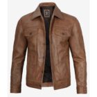 Camel brown trucker jacket for men, featuring a classic fit and durable construction.