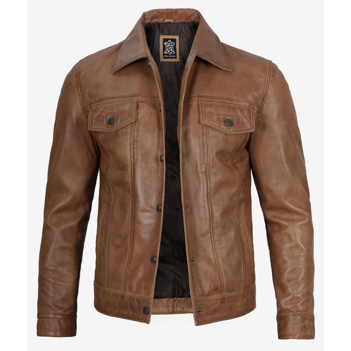 Camel brown trucker jacket for men, featuring a classic fit and durable construction.