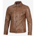 Stylish camel brown trucker jacket for men, crafted from high-quality materials.