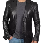 Men's black leather blazer jacket with a sleek and modern design.