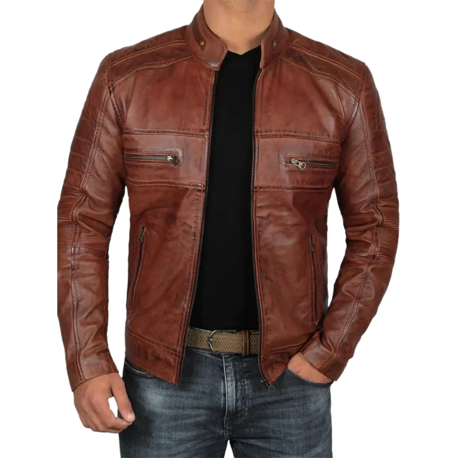 Diamond quilted distressed leather jacket for men with vintage appeal and modern style.