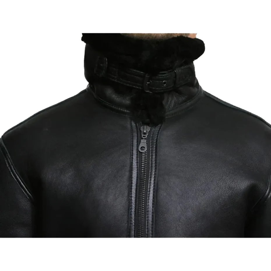 Classic black aviator bomber jacket for men with shearling lining for extra warmth and comfort.