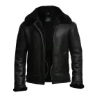 Men’s aviator black shearling leather bomber jacket with a bold, stylish design and plush lining.
