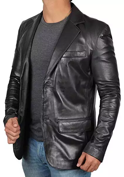 Classic black leather blazer jacket for men, perfect for formal and casual looks.