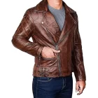 Rugged, durable, and stylish—this distressed leather jacket is a must-have. #LeatherFashion