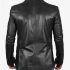 Sophisticated black leather blazer jacket, combining elegance and ruggedness.