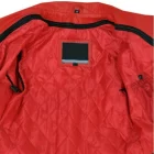 Stylish woman wearing a women’s Brando red biker jacket in an urban setting