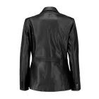 Black women leather blazer on a mannequin in a studio setting