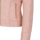 Close-up of sleek detailing on the pink biker leather jacket for women