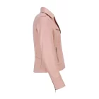 Stylish woman posing in a vibrant pink biker leather jacket