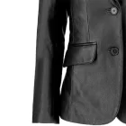 Black women leather blazer on a mannequin in a studio setting