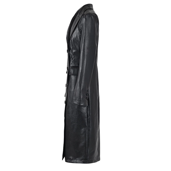 Close-up of the sleek design and detailing of the women’s black leather coat