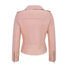 Front view of the pink leather biker jacket showcasing its zippered design