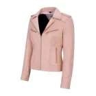 Front view of the pink leather biker jacket showcasing its zippered design