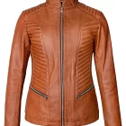 Front view of the women’s brown leather biker jacket showcasing zippers