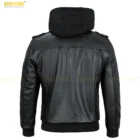 Back view of men’s black leather jacket with removable hoodie