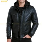 Removable hood and zipper detail on men’s black leather jacket