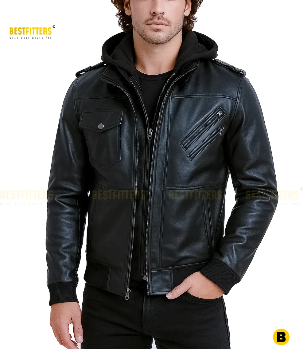 Removable hood and zipper detail on men’s black leather jacket
