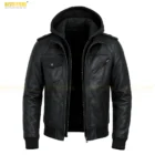Side view of men’s black leather jacket with removable hoodie FREE Ship to USA