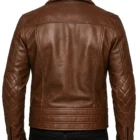 Back view of men’s distressed dark brown leather jacket featuring diamond-quilted panels, vintage motorcycle cut, and high-quality leather construction. Back angle showing the quilted shoulder panels and rugged dark brown finishing on this vintage-style men’s motorcycle leather jacket.