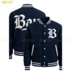 Bay FC Letterman Jacket worn by model back view with embroidered Bay FC club logo streetwear styling