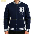 Model walking wearing Bay FC Letterman Jacket varsity streetwear outfit game day supporter jacket