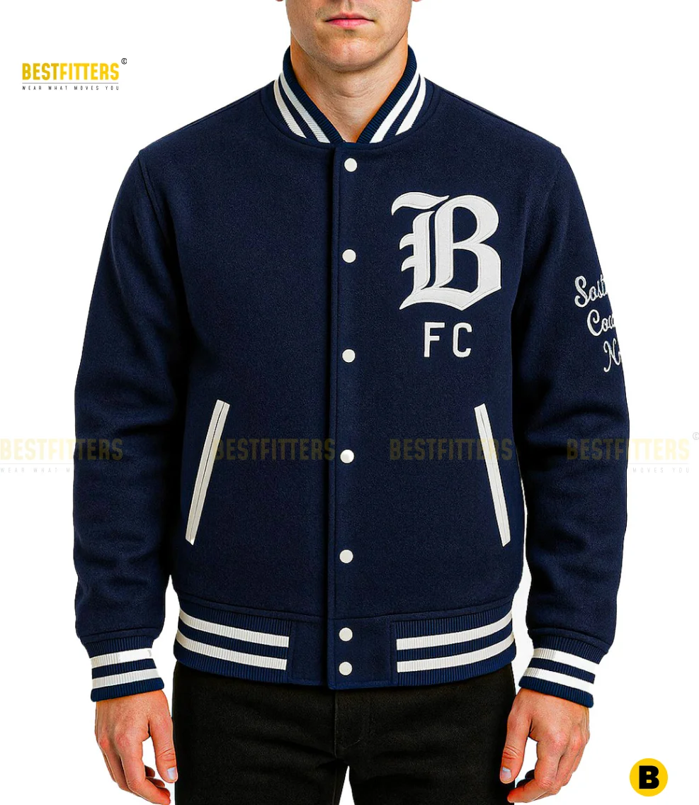 Model walking wearing Bay FC Letterman Jacket varsity streetwear outfit game day supporter jacket