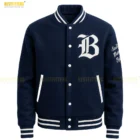 Model wearing Bay FC Letterman Jacket front view, streetwear outfit with wool body and leather sleeves