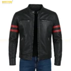 Men red stripe cafe racer leather jacket front view - 100% real leather