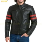 Black and red stripe leather jacket for men