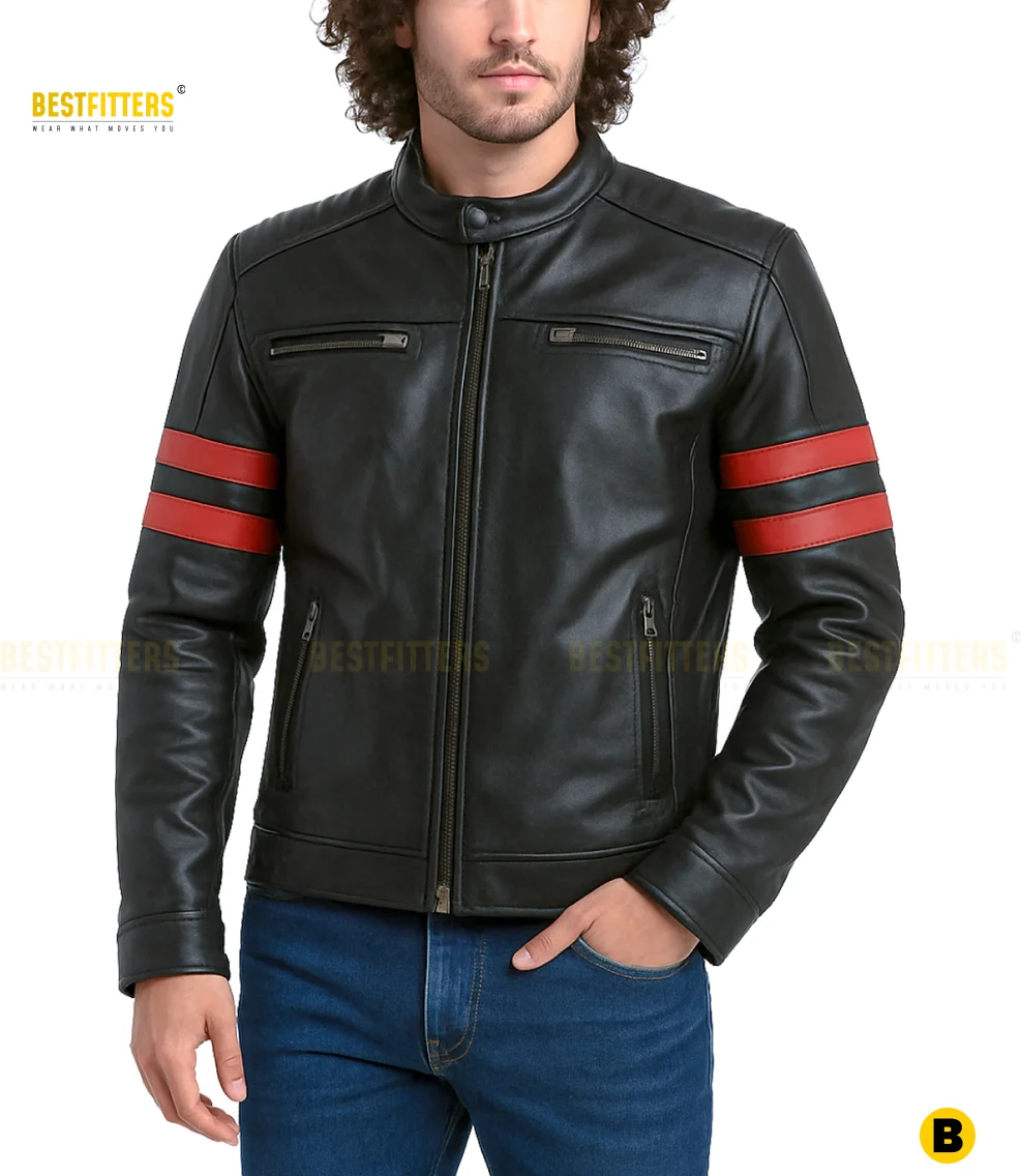 Black and red stripe leather jacket for men