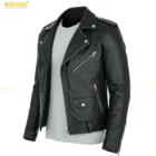 Side view of men’s black leather biker jacket with zippered cuffs