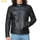 Front view of distressed cafe racer leather motorcycle jacket for men