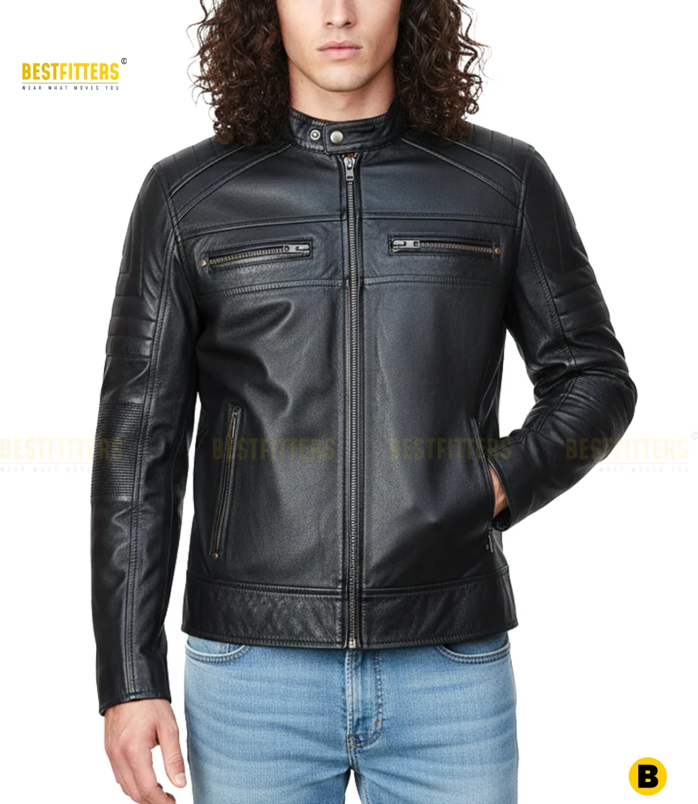 Front view of distressed cafe racer leather motorcycle jacket for men
