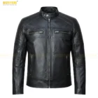 Men’s cafe racer distressed leather motorcycle jacket with vintage styling and zipper pockets