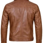 Back view of men’s camel brown trucker leather jacket displaying structured shoulders, clean stitching, and premium cowhide finish