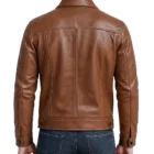 Back view of men’s camel brown trucker leather jacket displaying structured shoulders, clean stitching, and premium cowhide finish. Back design of the camel brown leather trucker jacket