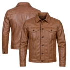 Angled view of men’s camel brown trucker leather jacket highlighting premium leather texture, tailored fit, and structured trucker design