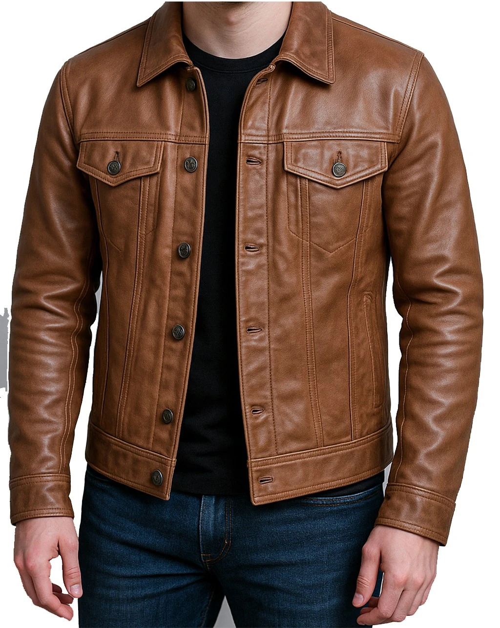 Close-up detail of men’s camel brown trucker leather jacket featuring cowhide grain texture, button hardware, and premium craftsmanship. A detailed front display of the men’s camel brown trucker leather jacket featuring a classic silhouette, quality stitching, and durable cowhide leather.