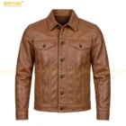 Men’s camel brown trucker leather jacket made from premium cowhide, showcasing front design, button closure, and classic chest pockets. Close-up detail of men’s camel brown trucker leather jacket featuring cowhide grain texture, button hardware, and premium craftsmanship.