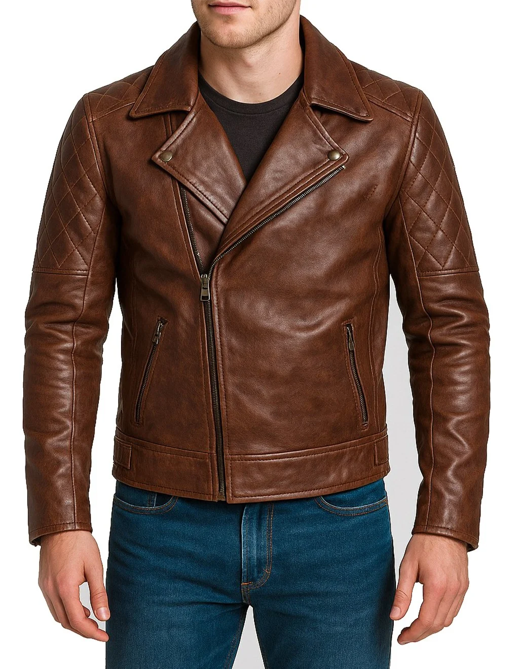 Close-up of diamond-quilted stitching on men’s distressed dark brown leather jacket showing premium craftsmanship, textured finish, and durable construction. Detailed close-up showcasing the diamond-quilted stitching, distressed texture, and premium leather quality of the men’s dark brown motorcycle jacket.