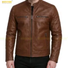 Men’s Distressed Brown Leather Jacket Back Design. Back view of men’s distressed brown leather jacket with visible stitching, vintage finish, and structured shoulder design