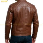 Back view of men’s distressed brown leather jacket with visible stitching, vintage finish, and structured shoulder design
