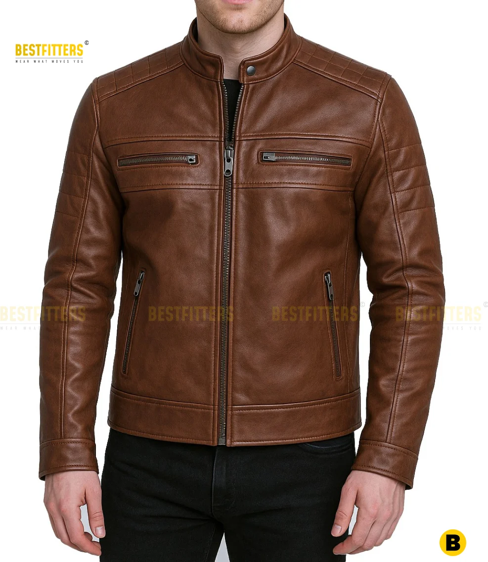 Men’s Distressed Brown Leather Jacket Back Design. Back view of men’s distressed brown leather jacket with visible stitching, vintage finish, and structured shoulder design