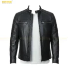 Man wearing distressed cafe racer leather jacket in casual outfit