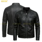 Close-up view of a men’s distressed black leather jacket made from authentic cowhide, highlighting weathered textures, durable metal zippers, structured collar, and handcrafted stitching to emphasize quality and detail.