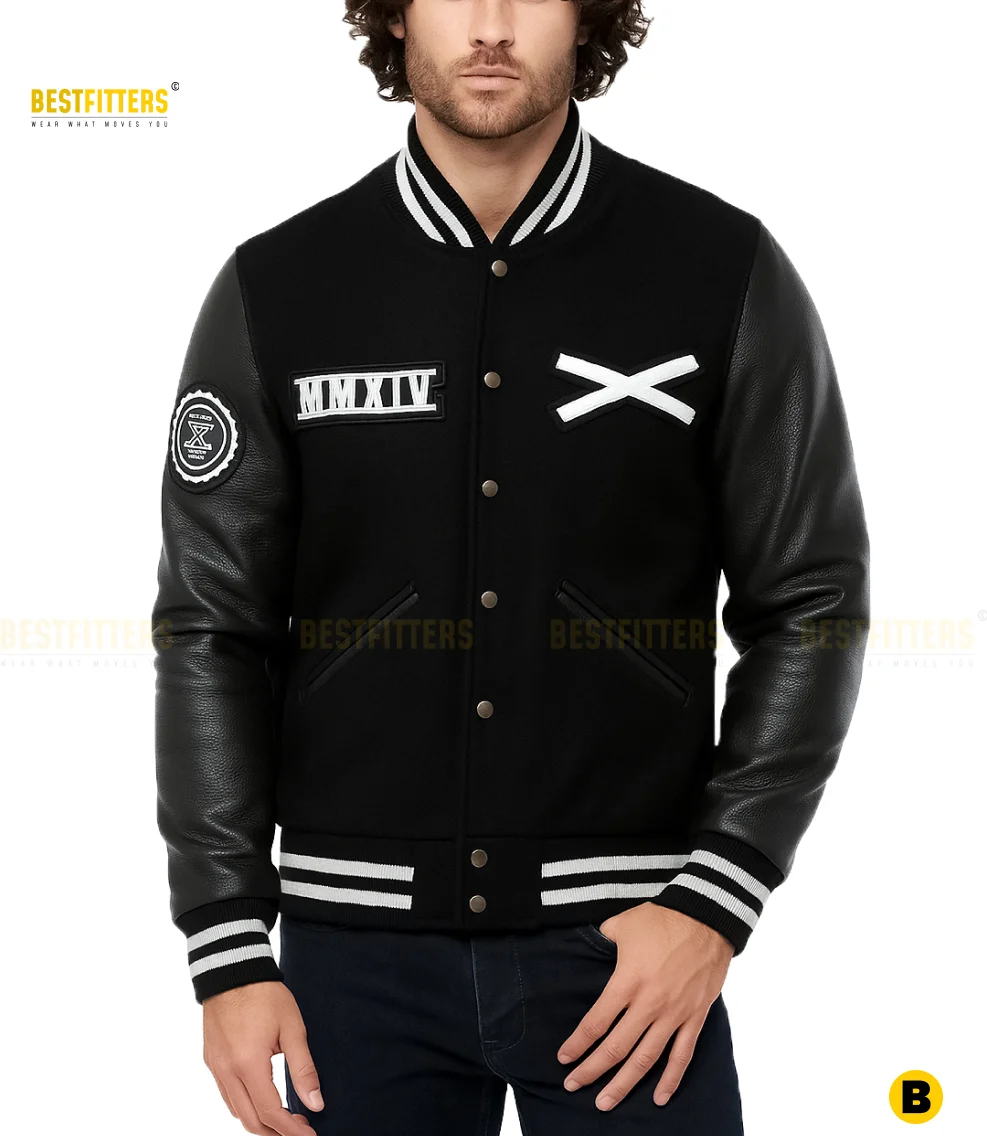 Close-up of XO logo and leather texture on The Weeknd XO Leather Varsity Jacket