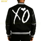 Back view of The Weeknd XO Leather Varsity Jacket showing classic varsity design