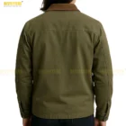 Close-up detail shot of the 3 front pockets on The Kooples khaki cotton twill worker jacket, highlighting the utility design and textured twill fabric. A macro shot emphasizing the triple-pocket design, strong twill weave, and craftsmanship,