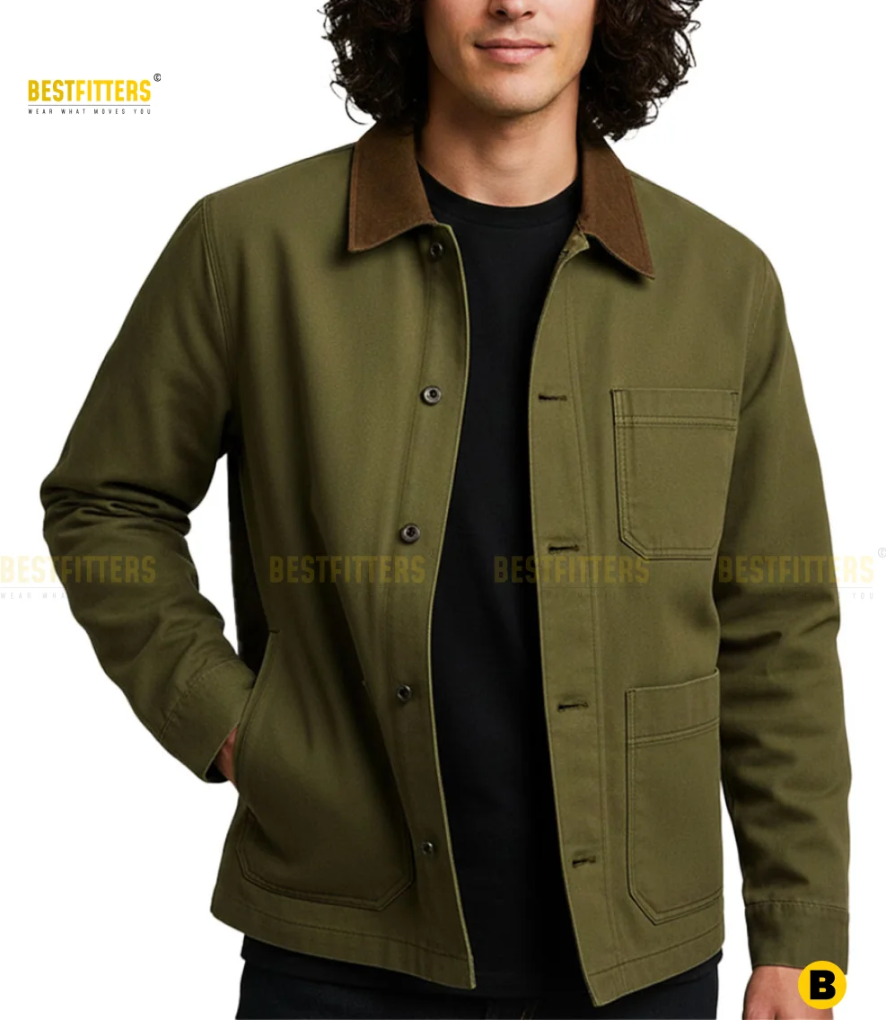 Front view of The Kooples Regular Fit Cotton Twill Worker Jacket in khaki, featuring a minimalist 3-pocket workwear design, durable twill texture, folded collar, and clean utility style. A clear front-angle shot of The Kooples khaki cotton twill worker jacket, showcasing its regular fit, sturdy twill texture, and workwear-inspired triple-pocket construction.